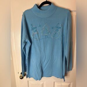 1X Quaker Factory Beaded Snowman Mock Neck Turtleneck Ugly Christmas Sweater
